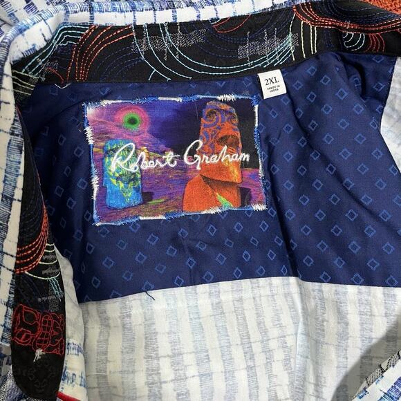 Robert Graham Maitai Button Up Shirt Size 2XL Blue Tiki Embroidered Flip Cuffs - Picture 10 of 12